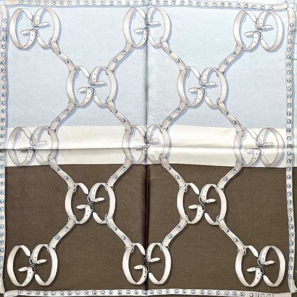 Gucci Logo Chains Color-Block Brown Blue GG Silk Scarf - Picture 1 of 14